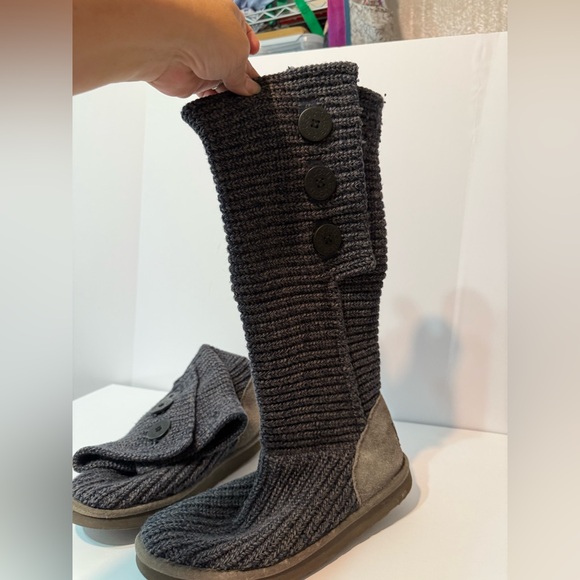 UGG Shoes - UGG Classic Cardi Charcoal Knit Knee High Button Boots, Cozy, Sz 10